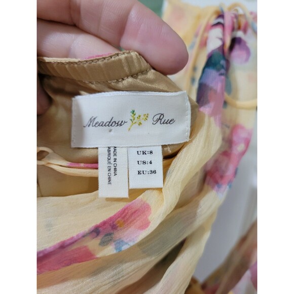 Meadow Rue Spring Silk Dress Womens\ 4 Floral Blouson Ruffle Anthropologie B1 - Picture 7 of 9